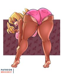 Rule 34 | 1girl, ape, artist name, ass, banana, bent over, blonde hair, blue eyes, breasts, cameltoe, candy kong, donkey kong (series), feet, food, fruit, highres, large breasts, legs, looking at viewer, looking back, monkey girl, mrkashkiet, nintendo, shorts, smile, soles, tank top, thick lips, thick thighs, thighs