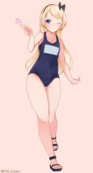 Rule 34 | 1girl, ;o, absurdres, armpits, black ribbon, blonde hair, blowing kiss, blue eyes, blue one-piece swimsuit, collarbone, cosplay, covered navel, full body, gluteal fold, hair between eyes, hair ribbon, headband, heart, highres, jervis (kancolle), kantai collection, kiss, looking at viewer, one-piece swimsuit, one eye closed, pink background, ribbon, sandals, school swimsuit, solo, swimsuit, twitter username, uut, yukikaze (kancolle), yukikaze (kancolle) (cosplay)