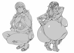 Rule 34 | 2girls, ass, bra, breasts, cleavage, clothes lift, cupless bra, earrings, glasses, greyscale, hair ribbon, high heels, highres, huge ass, jewelry, large breasts, monochrome, multiple girls, nipples, orushibu, plump, ponytail, ribbon, see-through, shirt lift, sideboob, skirt, skirt lift, squatting, sweater, thick thighs, thighs, underwear