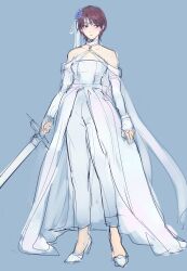 Rule 34 | 1girl, bare shoulders, brown hair, closed mouth, dress, fire emblem, fire emblem: path of radiance, fire emblem heroes, headband, high heels, holding, holding sword, holding weapon, looking to the side, nintendo, official alternate costume, solo, sword, tanith (bridal) (fire emblem), tanith (fire emblem), tonton318831, weapon, wedding dress