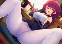 Rule 34 | 1girl, black gloves, blue eyes, blue skirt, breasts, clothes lift, crotch seam, elbow gloves, flashing, gloves, high-waist skirt, impossible clothes, impossible shirt, kbisuco, large breasts, lifted by self, looking at viewer, m legs, medium hair, on chair, open mouth, original, paid reward available, panties, panties under pantyhose, pantyhose, red hair, seamed legwear, shirt, short twintails, sideboob, sitting, skin tight, skirt, skirt lift, skirt set, sleeveless, sleeveless shirt, smug, solo, spread legs, thick thighs, thighs, twintails, underbust, underwear, upskirt, white pantyhose