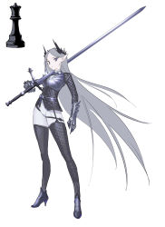 Rule 34 | 1girl, absurdres, armor, breastplate, chess piece, closed mouth, contrapposto, crown, full body, grey hair, high heels, highres, holding, holding sword, holding weapon, long hair, long sword, looking at viewer, milim nova, original, over shoulder, pants, personification, pointy ears, purple eyes, queen (chess), rook (chess), simple background, solo, standing, sword, thighhighs, very long hair, weapon, weapon over shoulder, white background, white pants, zweihander