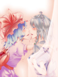 Rule 34 | 2girls, :d, ^ ^, blush, closed eyes, dress, closed eyes, female focus, frills, from side, hat, izayoi sakuya, light purple hair, maid, maid headdress, mob cap, multiple girls, open mouth, pink dress, puffy short sleeves, puffy sleeves, remilia scarlet, rito (218), short hair, short sleeves, silver hair, smile, touhou
