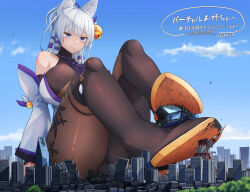 Rule 34 | 1girl, absurdres, animal ear fluff, animal ears, bell, blue eyes, bodysuit, breasts, chinese clothes, city, destruction, footjob, forest, fox girl, full body, giant, giantess, hair bell, hair ornament, highres, large breasts, long hair, natsukaze shigure, nature, original, outdoors, sky, solo, thighhighs, tokyo tower, white hair