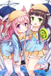 Rule 34 | 2girls, :d, animal ears, azur lane, bell, between fingers, blue shirt, blush, bow, bowtie, brown footwear, brown hair, candy, cat ears, cat girl, cat tail, closed mouth, collarbone, ears through headwear, fangs, fingernails, food, green eyes, hair between eyes, hair bow, hair ribbon, hat, highres, holding, holding candy, holding food, holding lollipop, jin young-in, jingle bell, kindergarten uniform, kisaragi (azur lane), lifebuoy, lollipop, long hair, long sleeves, looking at viewer, loose socks, low twintails, machinery, multiple girls, mutsuki (azur lane), neckerchief, one side up, open mouth, pink hair, pleated skirt, pulled by self, purple eyes, red bow, red ribbon, ribbon, ripples, school hat, shirt, shoes, sidelocks, signature, skirt, smile, socks, standing, standing on one leg, swim ring, swirl lollipop, tail, tail bell, tail bow, tail ornament, thighhighs, thighhighs pull, torpedo, twintails, very long hair, water, wavy mouth, white background, white legwear, yellow hat, yellow neckwear, yellow skirt