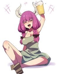 Rule 34 | +++, 1girl, absurdres, alcohol, arm up, aura (sousou no frieren), bare shoulders, beer, beer mug, black bow, blush, bocchi the rock!, bow, braid, breasts, cleavage, closed eyes, commentary, cosplay, crossed ankles, cup, demon girl, demon horns, dress, drunk, english commentary, facing viewer, full body, geta, green dress, hair bow, highres, hinghoi, hiroi kikuri, hiroi kikuri (cosplay), holding, holding cup, horns, knee up, large breasts, long hair, look-alike, low-braided long hair, low-tied long hair, mug, multiple braids, open mouth, pink hair, quad braids, sharp teeth, sitting, sleeveless, sleeveless dress, smile, solo, sousou no frieren, spaghetti strap, teeth, white background