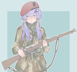 Rule 34 | 1girl, absurdres, beret, bolt action, british army, camouflage, camouflage jacket, commission, green background, green jacket, green scarf, gun, hat, highres, jacket, lee-enfield, military uniform, open mouth, purple hair, red hat, rifle, scarf, shichisaburo, skeb commission, solo, special air service, twintails, uniform, voiceroid, weapon, yuzuki yukari