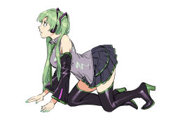 Rule 34 | 1girl, all fours, bare shoulders, black thighhighs, boots, breasts, detached sleeves, from side, green eyes, green hair, grey shirt, grey skirt, hatsune miku, headphones, high heel boots, high heels, highres, large breasts, long hair, long sleeves, miniskirt, parted lips, pleated skirt, profile, ruukii drift, shirt, simple background, skirt, sleeveless, sleeveless shirt, solo, thighhighs, twintails, vocaloid, white background