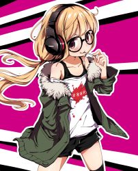 Rule 34 | 1girl, bespectacled, blonde hair, candy, cosplay, food, fur collar, futaba anzu, glasses, hand in pocket, idolmaster, idolmaster cinderella girls, lollipop, long hair, low twintails, off shoulder, persona, persona 5, sakura futaba, sakura futaba (cosplay), shorts, solo, striped, striped background, tadanoshi kabane, twintails