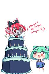 Rule 34 | 2girls, ahoge, black dress, blue dress, blush, bow, brown eyes, cake, candle, chibi, cleavage cutout, clothing cutout, colored skin, double bun, dress, food, green hair, grey hair, grey skin, hair bow, hair bun, hair ornament, happy birthday, heterochromia, highres, hololive, hololive indonesia, kureiji ollie, multicolored hair, multiple girls, nsaru, pink hair, red bow, red eyes, red hair, skull hair ornament, stitched face, stitches, torn clothes, torn dress, uruha rushia, uruha rushia (1st costume), virtual youtuber, yellow eyes, zombie