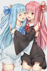 Rule 34 | 2girls, :d, ;d, black dress, black sleeves, blue dress, blue hair, blue ribbon, blue sleeves, blue thighhighs, blush, cheek-to-cheek, commentary request, detached sleeves, dress, fang, grey background, hair ribbon, heads together, highres, hug, kanzen bouon, kotonoha akane, kotonoha aoi, long hair, long sleeves, multiple girls, one eye closed, open mouth, pink hair, pink legwear, red eyes, red ribbon, ribbon, siblings, sisters, sleeveless, sleeveless dress, smile, thighhighs, very long hair, voiceroid, wide sleeves