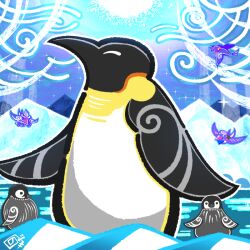 animal_focus bird closed_eyes duel_monster emperor_penguin floowandereeze_&amp;_empen floowandereeze_&amp;_snowl flying mountain night no_humans nozaki_(user_eujy3775) penguin wind winter yu-gi-oh!