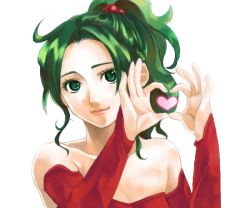 Rule 34 | 1990s (style), 1girl, bad id, bad pixiv id, bare shoulders, detached sleeves, elbow gloves, female focus, final fantasy, final fantasy vi, gloves, green eyes, green hair, heart, heart hands, lips, lipstick, long hair, makeup, matching hair/eyes, nose, ponytail, retro artstyle, simple background, smile, solo, tina branford, white background, yugoromo