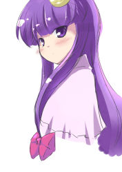 Rule 34 | 1girl, blunt bangs, bow, colored eyelashes, coo (coonekocoo), eyelashes, female focus, hair bow, long hair, looking back, no headwear, patchouli knowledge, profile, purple eyes, purple hair, solo, staring, touhou, upper body
