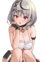 Rule 34 | 1girl, bare shoulders, black gloves, black hair, blush, breasts, camisole, cleavage, collarbone, fingerless gloves, gloves, grey hair, highres, hololive, large breasts, looking at viewer, multicolored hair, open mouth, red eyes, sakamata chloe, sauvignon, short hair, simple background, solo, streaked hair, virtual youtuber, white background, white camisole