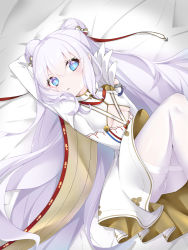 Rule 34 | + +, 1girl, arm up, azur lane, bed sheet, blue eyes, blush, bow, breasts, commentary request, double bun, dress, hair between eyes, hair bow, hair bun, knees up, le malin (azur lane), long hair, long sleeves, looking at viewer, lying, on back, pantyhose, parted lips, shiruko (27anko), silver hair, small breasts, solo, thighband pantyhose, very long hair, white dress, white pantyhose