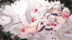 Rule 34 | 1girl, absurdly long hair, absurdres, azur lane, bare shoulders, black choker, black hairband, black neckwear, black sailor collar, blurry, blurry foreground, bow, dress bow, breasts, choker, clothing cutout, dress, dress bow, feather dress, flower, formidable (azur lane), formidable (timeless classics) (azur lane), from above, full body, hairband, highres, holding, holding flower, large breasts, long hair, looking at viewer, looking up, lying, navel cutout, niaogao, no panties, official alternate costume, on back, petals, platinum blonde hair, red eyes, red flower, sailor collar, sleeveless, sleeveless dress, solo, toe cleavage, twintails, two-tone dress, two-tone ribbon, very long hair, white dress