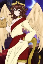 Rule 34 | animal ears, arabian clothes, brown hair, hat, highres, lamassu, lion, lion ears, lion tail, long hair, red eyes, self-upload, solo, sumerian mythology, tail, wings
