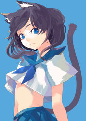 Rule 34 | 1girl, animal ears, blue background, blue eyes, breasts, cat ears, cat tail, face, original, pump (pumpqmuq), school uniform, small breasts, solo, tail, underboob
