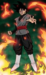Rule 34 | 10s, 1boy, black eyes, black hair, boots, chris re5, clenched hand, dragon ball, dragon ball super, earrings, evil grin, evil smile, fire, full body, goku black, grin, highres, jewelry, male focus, signature, smile, solo, turtleneck, white footwear