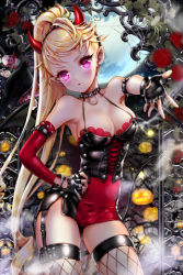 Rule 34 | 1girl, alternate costume, armpits, bare shoulders, bat wings, blonde hair, blush, breasts, bustier, choker, cinia pacifica, cleavage, cocoon (loveririn), collarbone, demon horns, drill hair, fingerless gloves, fishnet thighhighs, fishnets, flower, frown, garter straps, gloves, hand on own hip, high ponytail, horns, jack-o&#039;-lantern, large breasts, long hair, lowres, outstretched arm, outstretched hand, pink eyes, pumpkin, resized, rose, sideboob, solo, sword girls, thighhighs, very long hair, wings