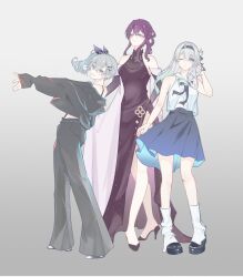 3girls alternate_costume bare_shoulders bell-bottoms black_dress black_footwear black_jacket black_pants blue_skirt detached_sleeves dress firefly_(honkai:_star_rail) full_body gradient_hair grey_eyes grey_hair hair_between_eyes hand_in_own_hair high_heels highres honkai:_star_rail honkai_(series) jacket kafka_(honkai:_star_rail) long_hair long_sleeves multicolored_hair multiple_girls one_eye_closed pants pleated_skirt purple_eyes purple_hair ray_xinjinjumin1698495 shirt silver_wolf_(honkai:_star_rail) simple_background skirt sleeveless sleeveless_dress smile standing tube_socks two-tone_eyes white_shirt