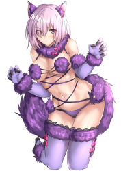Rule 34 | 1girl, absurdres, animal ears, blush, breasts, closed mouth, elbow gloves, eyes visible through hair, fate/grand order, fate (series), full body, fur collar, fur trim, gloves, hair over one eye, hands up, highres, kneeling, looking at viewer, mash kyrielight, mash kyrielight (dangerous beast), medium breasts, navel, o-ring, o-ring top, official alternate costume, purple eyes, purple gloves, purple hair, purple thighhighs, revealing clothes, short hair, simple background, solo, tai (nazutai), tail, thighhighs, thighs, tsurime, white background, wolf ears, wolf tail
