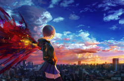 Rule 34 | 10s, 1girl, blue hair, building, city, cityscape, cloud, cowboy shot, hair over one eye, hands in pockets, highres, kagune (tokyo ghoul), kirishima touka, looking at viewer, red eyes, scenery, shitub52, short hair, skirt, sky, solo, sunset, thighhighs, tokyo ghoul, twintails, wayne chan, wings, zettai ryouiki