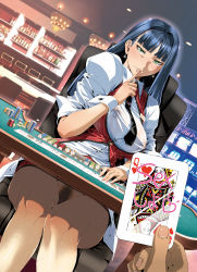Rule 34 | 1girl, absurdres, alcohol, bar (place), black neckwear, blue hair, blunt bangs, blush, bottle, breasts, card, casino, casino card table, chair, chandelier, collared shirt, comic milf, commentary request, covered erect nipples, dress shirt, earrings, female pubic hair, finger to mouth, gambling, green eyes, hair intakes, half-closed eyes, highres, hime cut, holding, holding card, index finger raised, indoors, jewelry, large breasts, long hair, name tag, nipples, no bra, no panties, original, pencil skirt, playing card, poker chip, pubic hair, pussy, red vest, ring, schelz, see-through, shirt, sitting, skirt, sleeves rolled up, slot machine, sweat, table, thighs, uncensored, v-shaped eyebrows, vest, white shirt, wrist cuffs