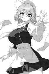Rule 34 | 1girl, breasts, closed mouth, cowboy shot, greyscale, hair between eyes, hat, lapel pin, large breasts, letty whiterock, long sleeves, looking at viewer, monochrome, onkn sxkn, scarf, shirt, short hair, simple background, skirt, smile, solo, touhou, vest, white background
