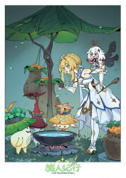 2girls :d aranara_(genshin_impact) bare_shoulders black_cape black_eyes black_gloves blonde_hair border breasts campfire cape carrot chinese_commentary cleavage commentary_request cooking_pot detached_sleeves dress eating english_text flower food food_on_face genshin_impact gloves grass hair_between_eyes hair_flower hair_ornament halo hand_up highres holding holding_food holding_ladle ladle leaning_forward looking_at_another lumine_(genshin_impact) medium_breasts mixed-language_text multiple_girls mushroom open_mouth paimon_(genshin_impact) partially_fingerless_gloves short_hair_with_long_locks sleeveless sleeveless_dress smile standing star_(symbol) star_hair_ornament translation_request white_border white_dress white_flower white_hair white_romper white_sleeves xiang_wan_wei_wan yellow_eyes zaytun_peach_(genshin_impact)