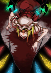 Rule 34 | 1girl, bad id, bad pixiv id, blonde hair, blood, blood on face, blood on clothes, bow, crawling, fangs, female focus, flandre scarlet, hat, hat bow, highres, iro marimo, licking, short sleeves, solo, tears, embodiment of scarlet devil, tongue, tongue out, touhou, wings, yellow eyes