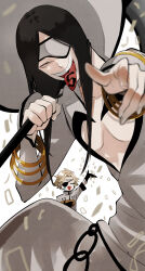 2boys arrancar black_gloves black_hair bleach blonde_hair bracelet broken_mask chain cleavage_cutout closed_eyes clothing_cutout confetti crazy_smile espada eyepatch facial_mark gloves high_collar highres holding holding_weapon jewelry long_hair looking_at_viewer male_focus mask multiple_boys nnoitra_gilga number_tattoo over_shoulder pectoral_cleavage pectorals smile tattoo teeth tesra_lindocruz tongue tongue_out tongue_tattoo weapon weapon_over_shoulder white_background yellow_eyes youda