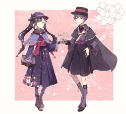 Rule 34 | 1boy, 1girl, arm up, artist name, belt, black bow, black choker, black hair, black headwear, black jacket, blush, book, boots, border, bow, brown gloves, cape, capelet, choker, closed mouth, collared cape, floral background, floral print, flower, full body, genshin impact, gloves, gold, green eyes, grey cape, hair between eyes, hair ornament, hand up, hands up, hat, hat bow, hetero, holding, holding hands, jacket, jewelry, kana (ykskkn), long hair, long sleeves, looking away, mandarin collar, mona (genshin impact), outside border, petals, petals print, pink background, pink belt, pink bow, pink flower, purple belt, purple capelet, purple eyes, purple footwear, purple hair, purple headwear, purple shirt, purple shorts, purple skirt, purple socks, scaramouche (genshin impact), shirt, shorts, skirt, socks, sparkle, sparkle print, standing, star (symbol), twintails, v-shaped eyebrows, watermark, waves, white border, white flower, wide sleeves, wing collar