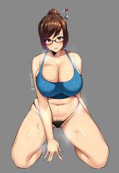 Rule 34 | 1girl, absurdres, belly, black-framed eyewear, black panties, breasts, brown eyes, brown hair, cleavage, commentary, covered erect nipples, english commentary, fat rolls, female pubic hair, glasses, hair bun, hair ornament, hair stick, highres, huge breasts, kneeling, looking at viewer, mei (overwatch), muffin top, overwatch, overwatch 1, panties, plump, pubic hair, pubic hair peek, short hair, single hair bun, sole gem, solo, sweat, tank top, thick thighs, thighs, underwear