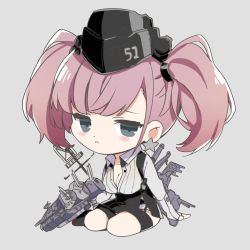 Rule 34 | 1girl, :c, atlanta (kancolle), bad id, bad twitter id, black skirt, blouse, blue eyes, blush, breasts, brown hair, chibi, cleavage, cleavage cutout, clothing cutout, earrings, frown, full body, garrison cap, garter straps, gloves, grey background, hat, headgear, high-waist skirt, highres, jewelry, kantai collection, large breasts, long hair, long sleeves, mitsume (trancetion), rigging, shirt, simple background, single earring, sitting, skirt, solo, star (symbol), star earrings, suspenders, thigh strap, twintails, white shirt