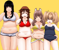 Rule 34 | 4girls, anepiza-senpai, animal ears, belly, belly grab, blush, bow, breasts, hair bow, happy, highres, kamisuki, large breasts, long hair, looking at viewer, mouse ears, multiple girls, open mouth, plump, short hair, simple background, smile, twintails, yellow background