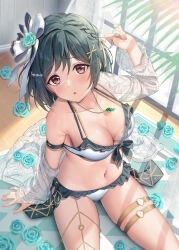Rule 34 | 1girl, :o, absurdres, aqua flower, aqua rose, arms up, bikini, blush, bow, braid, breasts, carpet, cleavage, collarbone, day, flower, frilled bikini, frills, from above, green hair, hair bow, hair flower, hair ornament, hair ribbon, hairclip, highres, indoors, jewelry, long sleeves, looking at viewer, looking up, love live!, love live! nijigasaki high school idol club, medium breasts, mifune shioriko, necklace, off shoulder, oku 1225, on floor, open clothes, open mouth, red eyes, ribbon, rose, see-through, short hair, single bare shoulder, sitting, solo, swimsuit, thighlet, white bikini, white bow, white ribbon, window shadow, x hair ornament