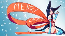 Rule 34 | 1girl, animal ears, ass, ayamori miyako, black hair, blue gloves, blue thighhighs, borrowed character, breasts, candy, candy cane, elbow gloves, female focus, food, fox ears, from behind, full body, gloves, hair over one eye, large breasts, long hair, looking back, merry christmas, naked ribbon, nipples, phallic symbol, pokini kagura, ribbon, sexually suggestive, sitting, snowflakes, solo, sven (svenners), thighhighs, wariza, yellow eyes