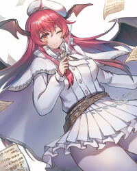 Rule 34 | 1girl, alternate costume, beret, cape, closed mouth, commentary request, cowboy shot, demon wings, hat, head wings, highres, holding, holding wand, jacket, koakuma, long sleeves, looking at viewer, mixed-language commentary, one eye closed, paper, pleated skirt, red eyes, red hair, shishui guima, skirt, smile, solo, touhou, wand, white cape, white jacket, white skirt, wings