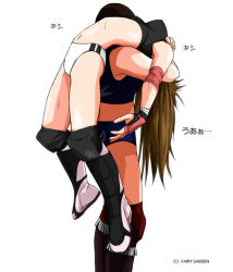 Rule 34 | 2girls, arched back, backbreaker, bare shoulders, boots, breasts, brown hair, gloves, long hair, midriff, multiple girls, submission, submission hold, wrestling