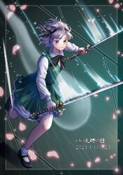 Rule 34 | 1girl, black bow, black bowtie, black footwear, black hairband, blush, bow, bowtie, cherry blossoms, closed mouth, commentary request, dated, full body, ghost, green eyes, grey hair, hairband, highres, holding, holding sword, holding weapon, katana, konpaku youmu, konpaku youmu (ghost), kyabekko, long sleeves, looking at viewer, multiple swords, short hair, socks, solo, sword, touhou, weapon, white socks