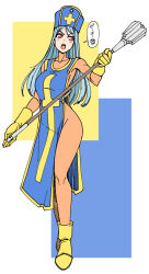 Rule 34 | 1girl, blue hair, blue hat, blue tabard, bodysuit, boots, breasts, covered collarbone, cross, dragon quest, dragon quest iii, full body, gloves, hat, holding, holding weapon, large breasts, light blue hair, long hair, mace, mitre, open mouth, orange bodysuit, priest (dq3), red eyes, red lips, ruriwo (ruriwo1894), skull, solo, speech bubble, standing, straight hair, tabard, teeth, turtleneck, upper teeth only, weapon, yellow footwear, yellow gloves