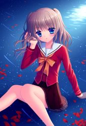 Rule 34 | 10s, blue eyes, charlotte (anime), hand in own hair, kuro futoshi, legs, open mouth, petals, school uniform, silver hair, tomori nao, water