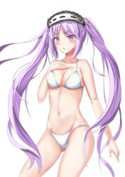 Rule 34 | 1girl, bikini, breasts, cleavage, cowboy shot, euryale (fate), fate/grand order, fate/hollow ataraxia, fate (series), frilled hairband, frills, hairband, hands on own chest, headdress, looking at viewer, medium breasts, purple eyes, purple hair, ryuunonon, simple background, solo, standing, swimsuit, twintails, white background, white bikini