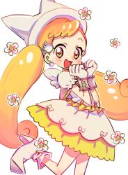 Rule 34 | 1girl, :d, blonde hair, brown eyes, dress, earrings, flower, foot out of frame, gloves, hands up, hat, highres, jewelry, long hair, looking at viewer, magical girl, makihatayama hana, ojamajo doremi, open mouth, own hands together, pointy footwear, pointy hat, puffy sleeves, q yan31, short bangs, short sleeves, smile, solo, standing, standing on one leg, twintails, very long hair, white background, white dress, white flower, white gloves, white hat, wing hair ornament