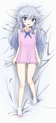 Rule 34 | 1girl, absurdres, anitore! ex, bed, blue hair, character request, dakimakura (medium), dress, highres, legs, long hair, lying, on back, open mouth, pink dress, purple eyes, short dress, shorts, shorts under dress, sleeveless, sleeveless dress, smile, socks, solo
