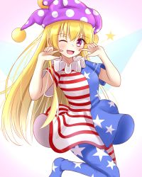 Rule 34 | 1girl, ;d, american flag dress, american flag legwear, bad id, bad twitter id, blonde hair, blue dress, blue pantyhose, blush, breasts, clownpiece, commentary request, dress, fairy wings, feet out of frame, fingers to cheeks, gradient background, hair between eyes, hands up, hat, highres, jester cap, long hair, looking at viewer, musteflott419, neck ruff, no shoes, one eye closed, open mouth, pantyhose, pink background, polka dot, polka dot headwear, purple eyes, purple hat, red dress, red pantyhose, short dress, short sleeves, small breasts, smile, solo, star (symbol), star print, striped clothes, striped dress, striped pantyhose, touhou, very long hair, white background, white dress, white pantyhose, wings