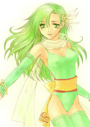 Rule 34 | 1990s (style), 1girl, breasts, elbow gloves, final fantasy, final fantasy iv, gloves, gradient background, green eyes, green hair, leotard, matching hair/eyes, retro artstyle, rydia (ff4), solo