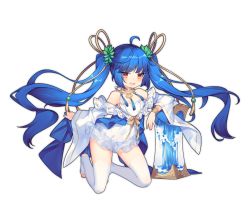 Rule 34 | 1girl, :d, ahoge, ao jun, ark order, blue hair, bow, bowtie, bracelet, dress, frilled jacket, frills, gonggong (ark order), hair ornament, hair ribbon, jacket, jewelry, kneeling, leaf hair ornament, long sleeves, necklace, official art, open mouth, red eyes, ribbon, smile, solo, spaghetti strap, stirrup legwear, tachi-e, tassel, thighhighs, toeless legwear, transparent background, twintails, v-shaped eyebrows, water, white dress, white thighhighs, wide sleeves, yellow bow